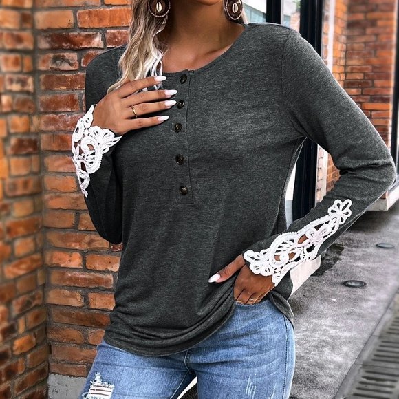 Casual Lace Detailed Button Half Placket Tee - Picture 2 of 5